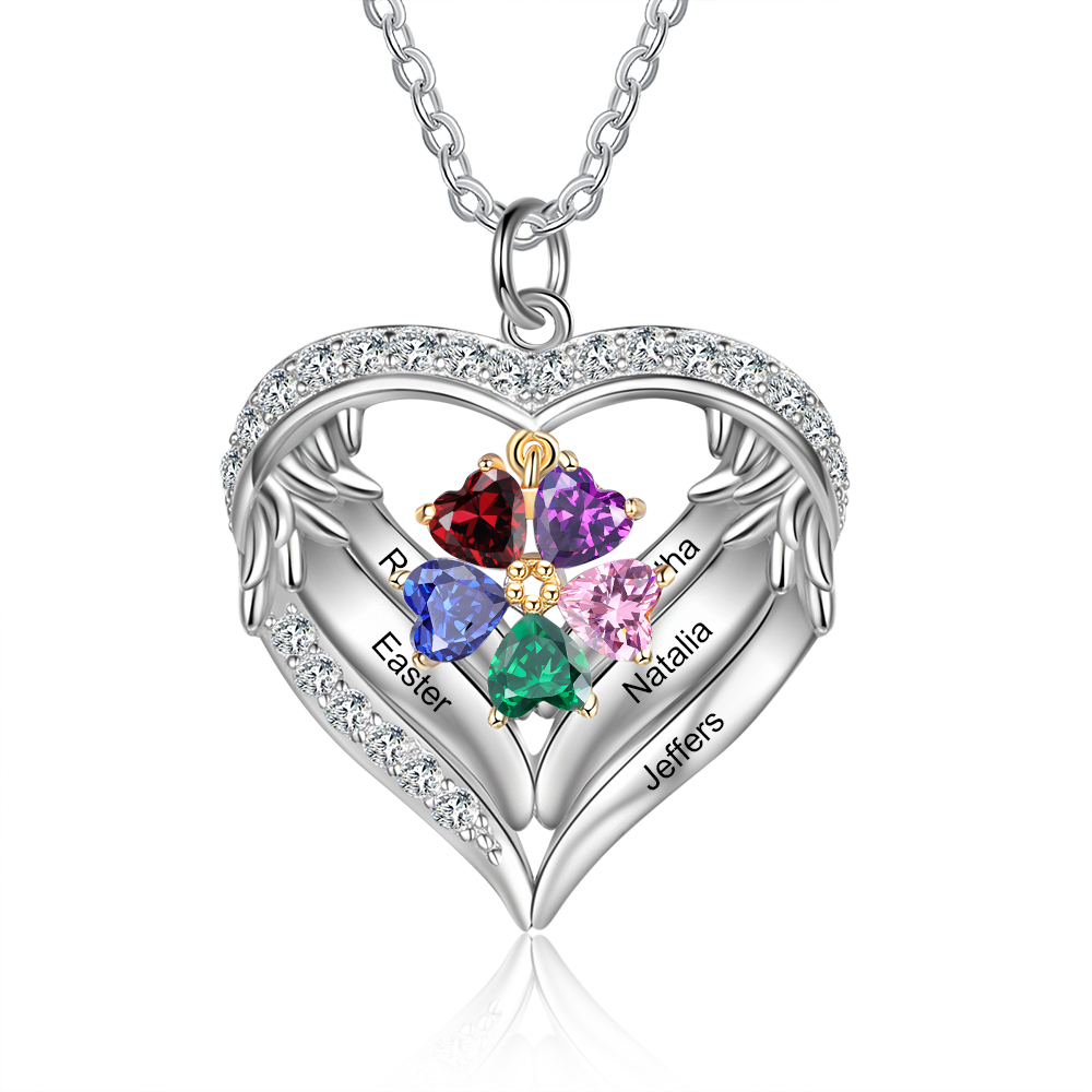 Personalized Wings S925 Silver Necklace With 5 Heart Birthstones Engraved Names Gift For Women