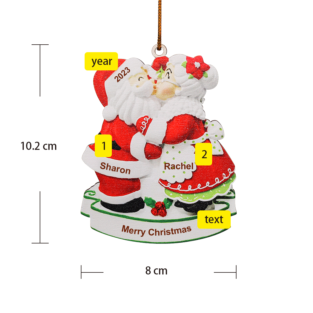 2 Names - Personalized Santa Claus Ornament Customized Text & Year & Name Wooden Hanging Ornament Couple Gift