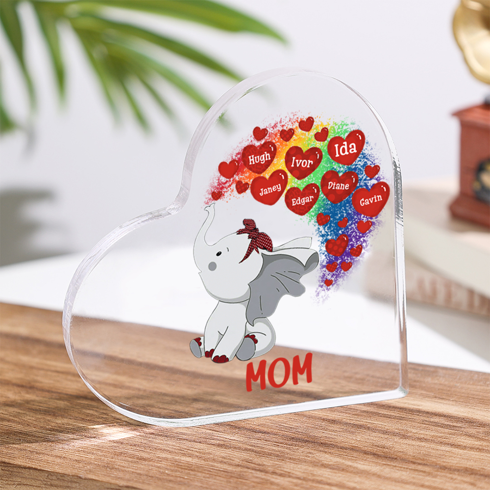 Customized 2-10 Names,Elephant Loved Style Acrylic Heart Decoration Brand Plaque Decoration for Mom