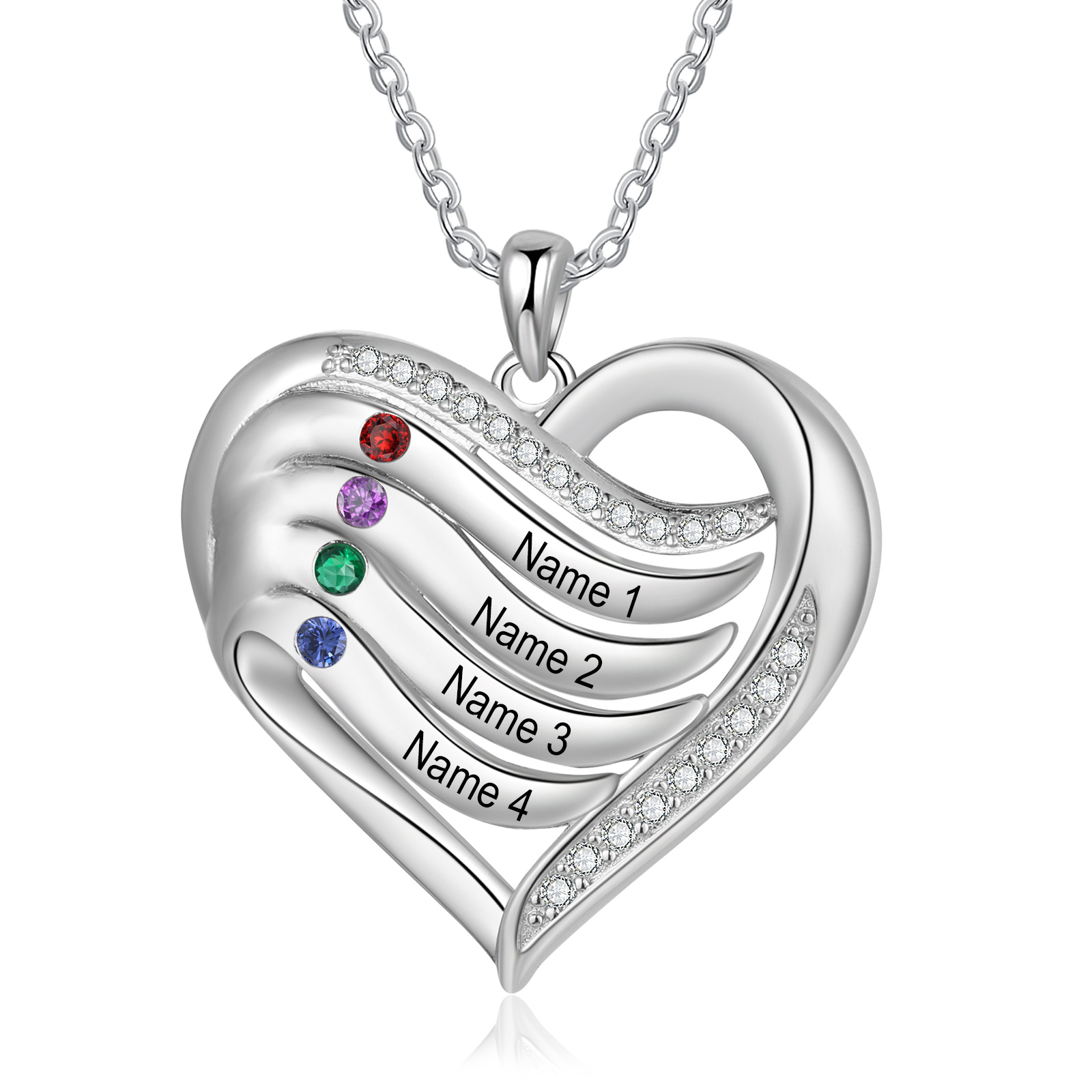 4 Names - Personalized Heart Necklace in Silver with Birthstone and Name Beautiful Gift for Her