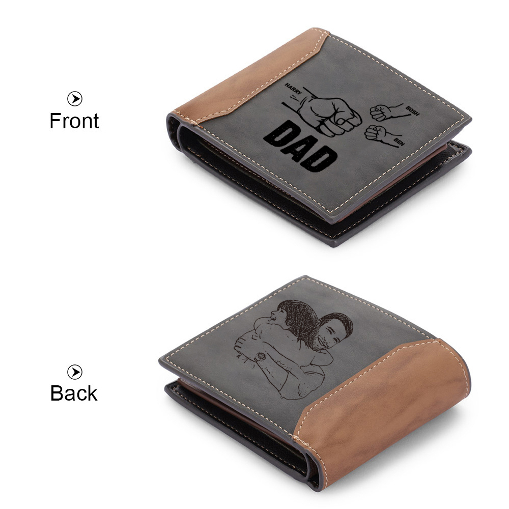 3 Names - Personalized Fist Bump Photo Custom Leather Men's  Wallet With Gift Box as a Father's Day Gift for Dad