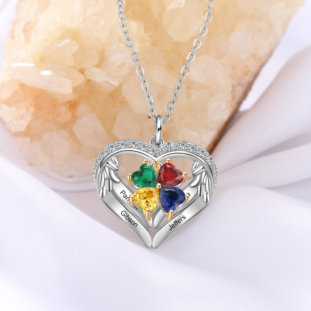 Personalized Wings S925 Silver Necklace With 4 Heart Birthstones Engraved Names Gift For Women