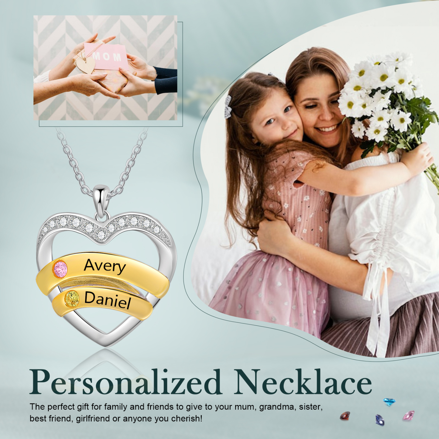 2 Names - Personalized Beautiful Heart Necklace with Custom Name and Birthstone, As a Mother's Day Gift for Mom
