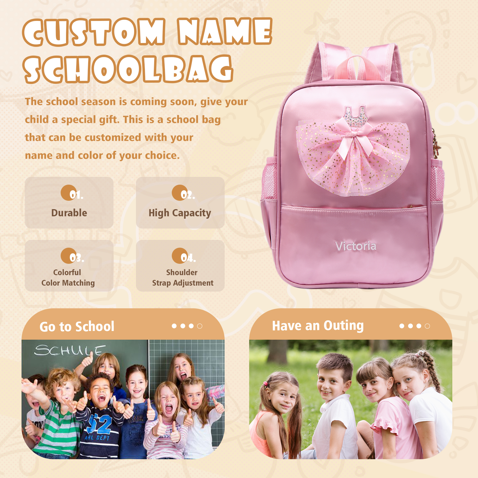Personalized Name Band Princess Dress Accessories Satin Children Backpack Back To School Gift