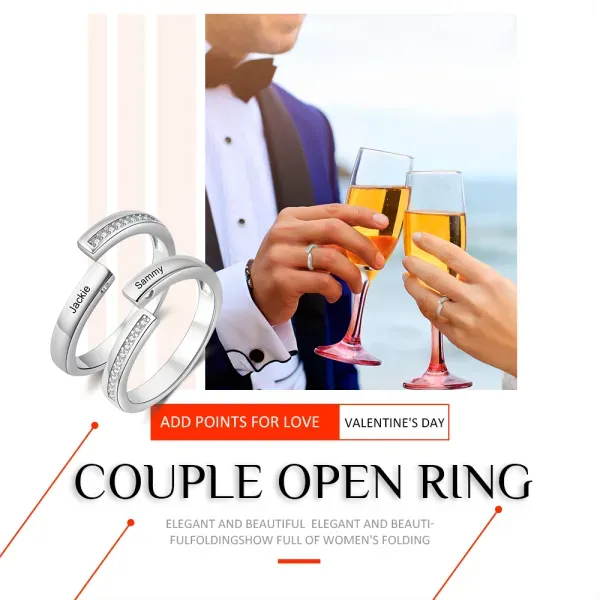 Personalised Couple Rings - Customized 2 Names, Elegant Open Design Valentine’s Day Gift for Him/Her | Jessemade