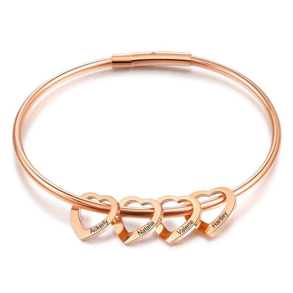 Custom Engraved 4 Names Heart Charms Prsonalised Bangle Bracelet for Women