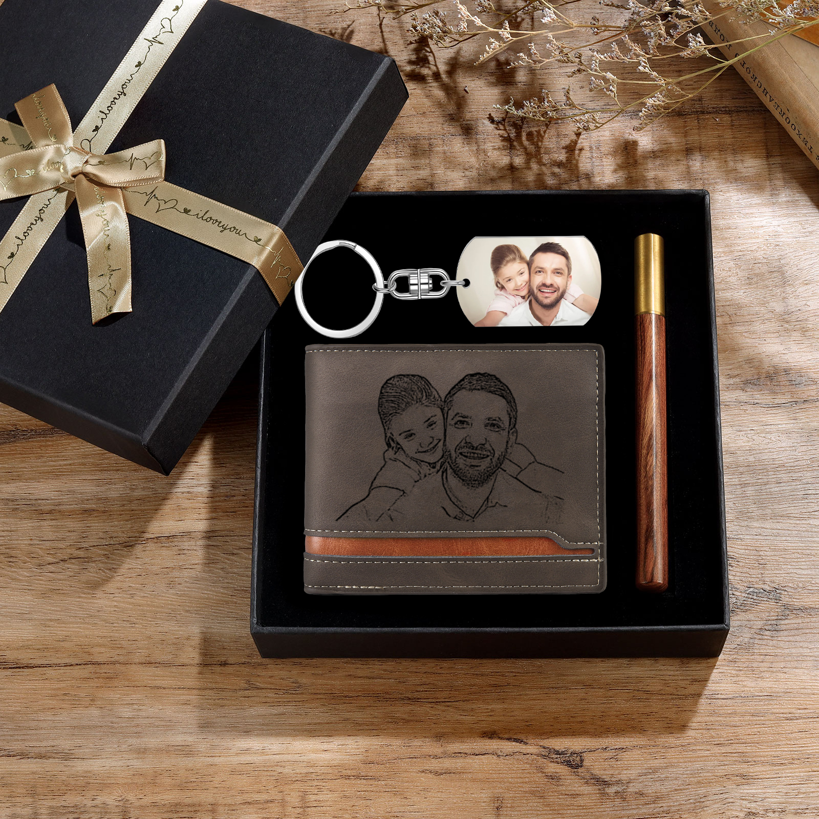 Personalized Leather Wallet Gift Box Set Keychain Strap Customizable 2 Photos 1 Letter and 1 Text Gift for Dad