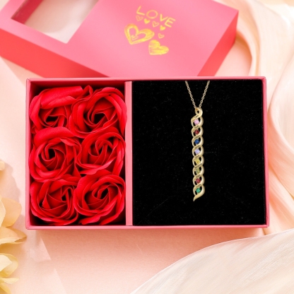 8 Names-Personalized Birthstones Necklace Set With Rose Gift Box-Custom Cascading Pendant Necklace Engraving 8 Names Gifts for Her