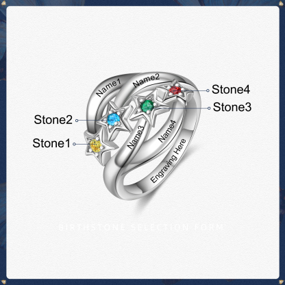 Personalized Star Ring With 4 Birthstones Engraved Names Ring Gift For Women