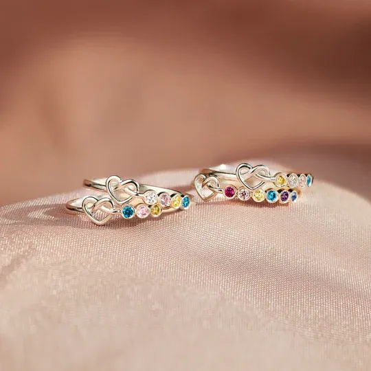 Family Ring Personalized 3 Birthstones Heart Knot Ring Band