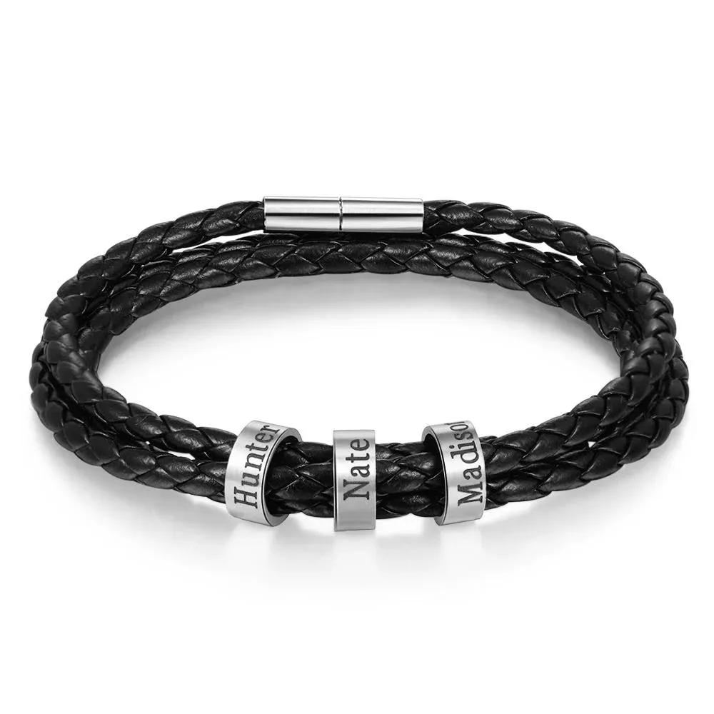 Father's Day Gift Men Braided Leather Bracelets with 3 Beads Bracelet Gifts for Him