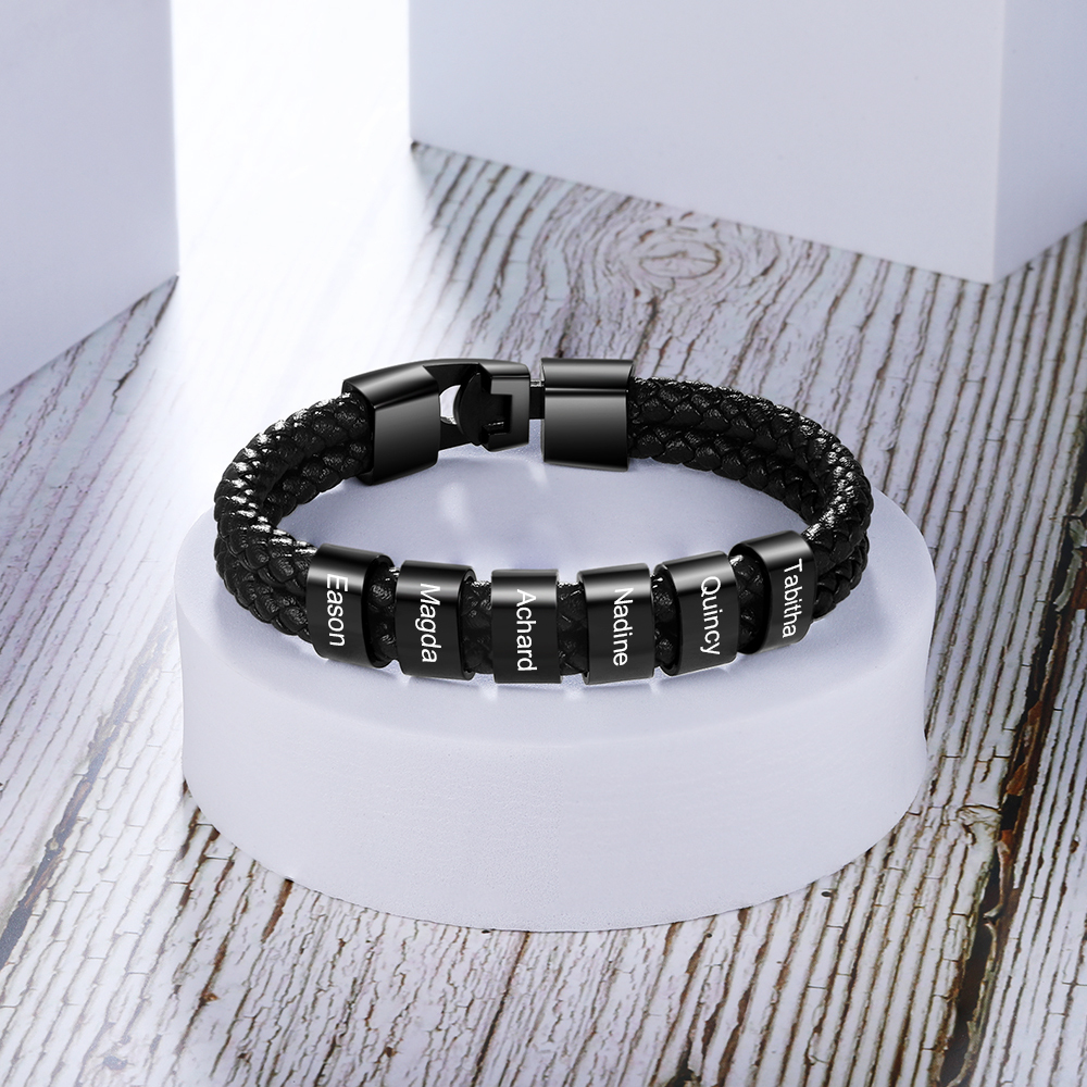 Customized Braided Leather Bracelet Engraved 8 Names Men's Bracelet Gifts For Him