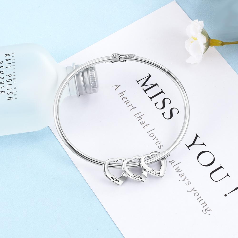 Custom Engraved 5 Names Heart Charms Prsonalised Bangle Bracelet for Women