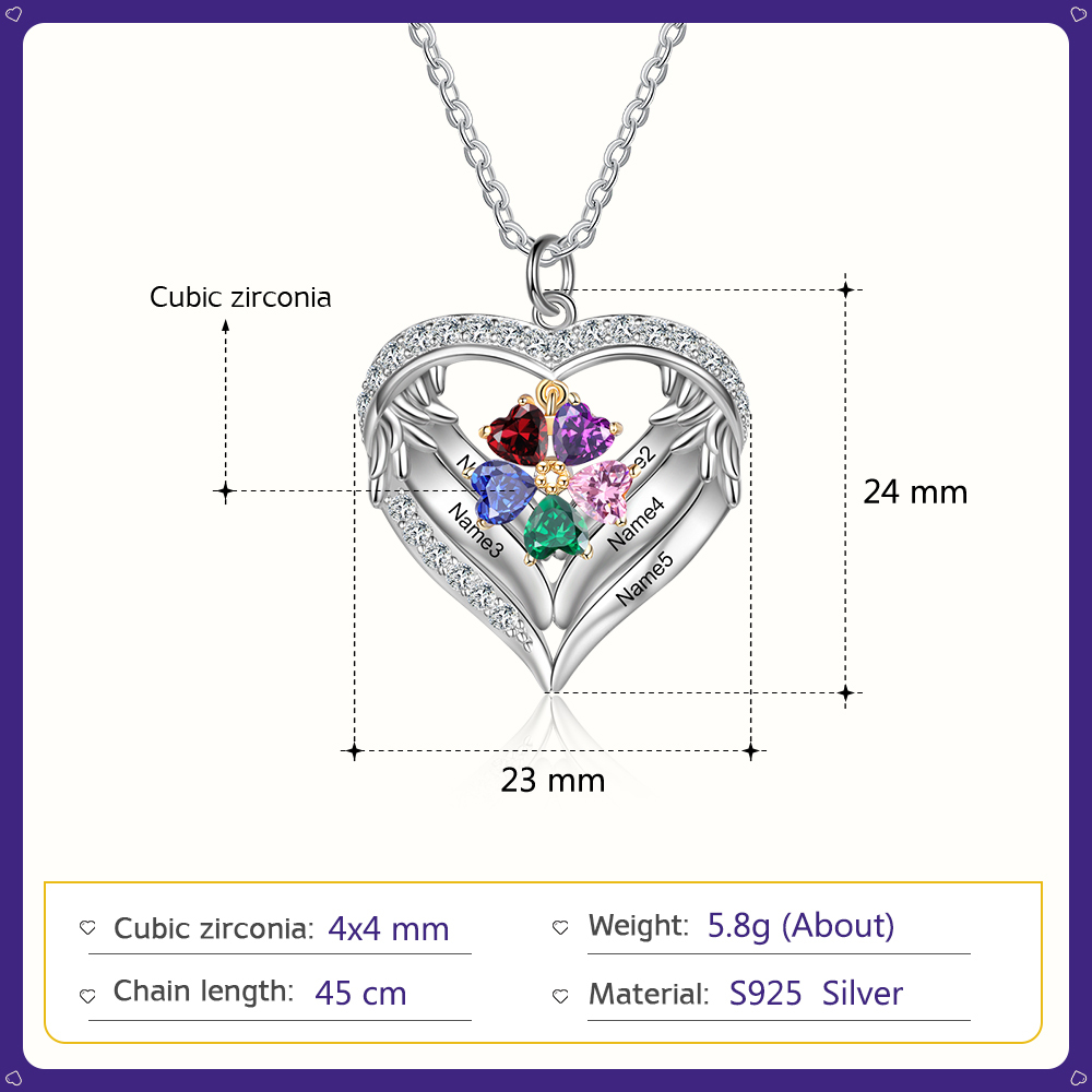 Personalized Wings S925 Silver Necklace With 5 Heart Birthstones Engraved Names Gift For Women