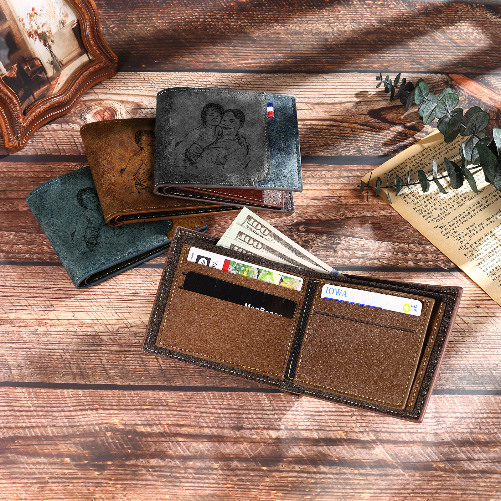 4 Names - Personalized Photo Custom Leather Men's Folding Wallet as a Father's Day Gift for Dad