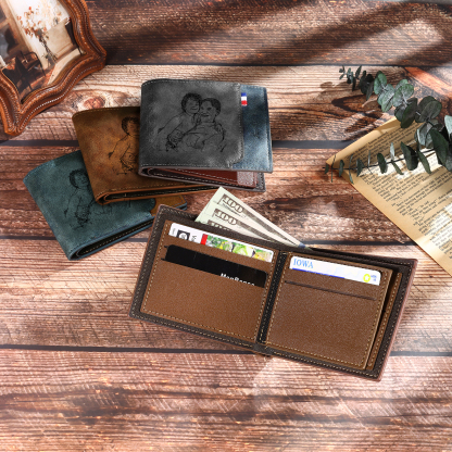 4 Names - Personalized Photo Custom Leather Men's Folding Wallet as a Father's Day Gift for Dad