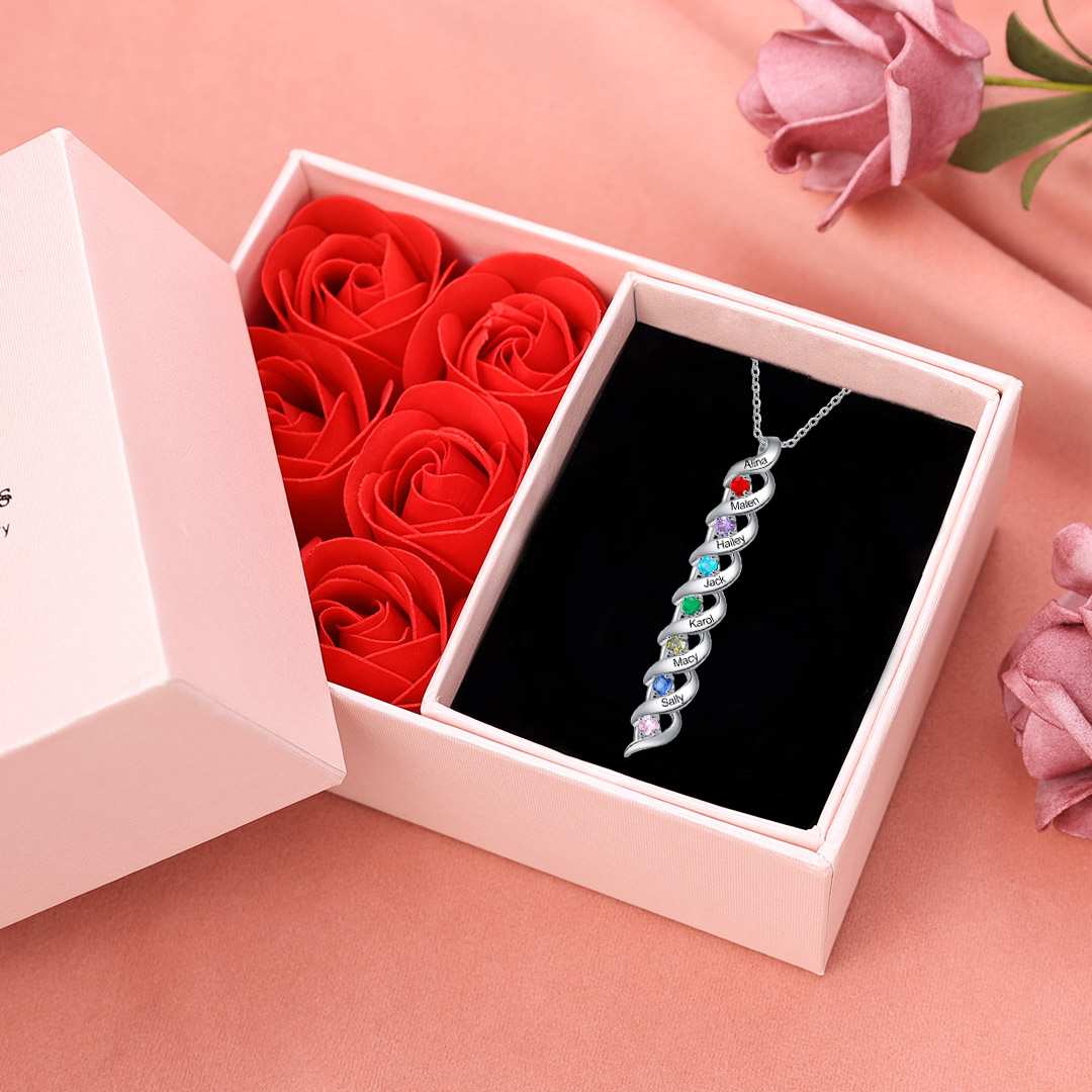 Personalized Birthstones Necklace Set With Rose Gift Box-Custom Cascading Pendant Necklace Engraving 1-10 Names Gifts for Her | Jessemade