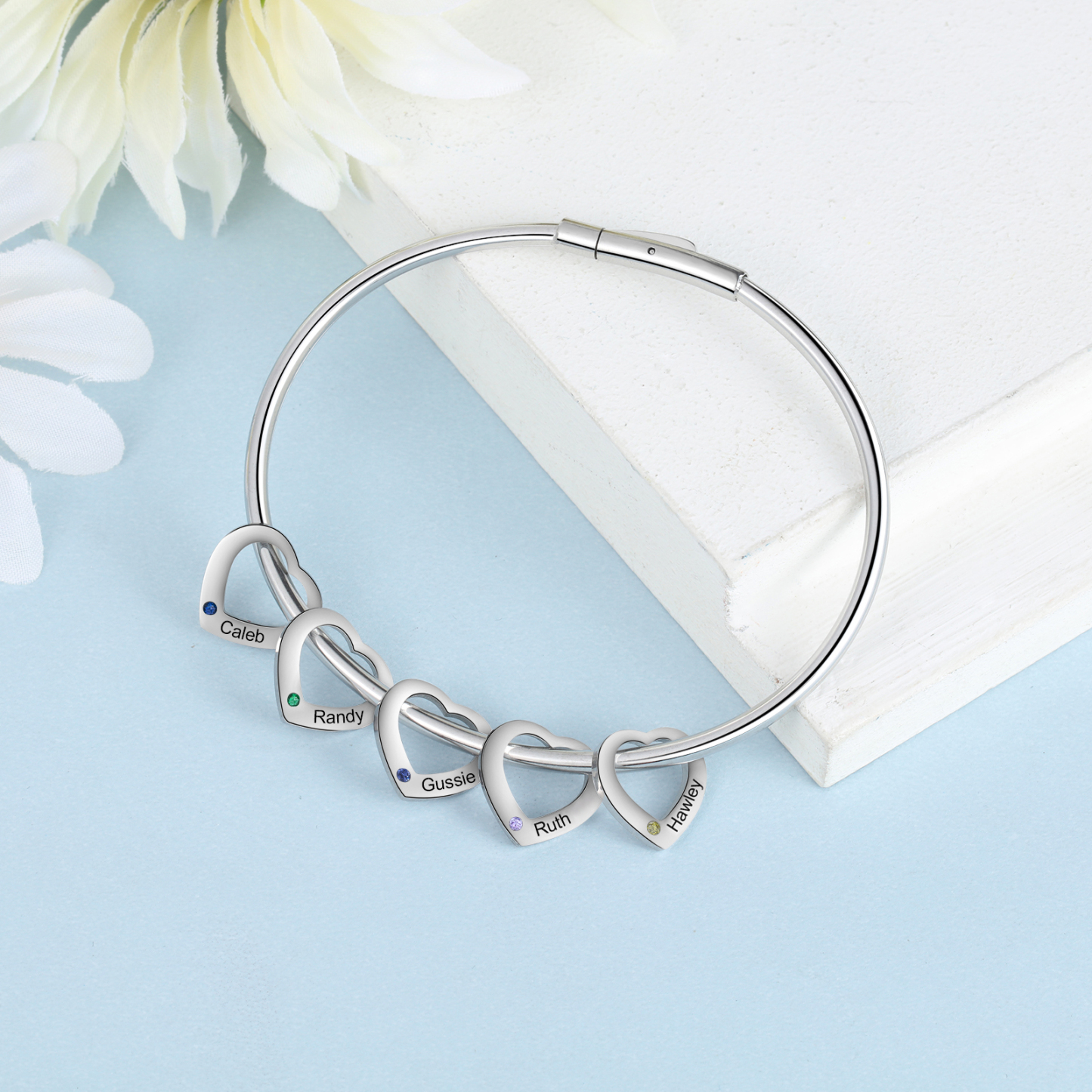 5 Names-Personalized Heart Bracelet With 5 Birthstones Bangle Engraved Names Bracelet Gift For Women