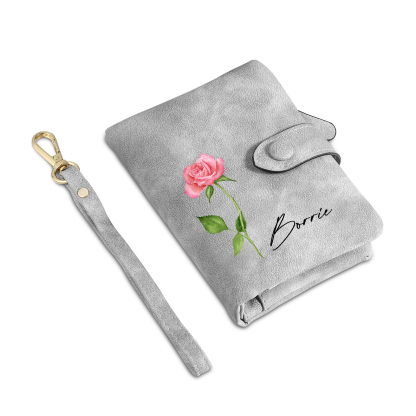 Gray Color Personalized Birthday Flower Leather Wallet Engraving Name Wallet Gifts for Women