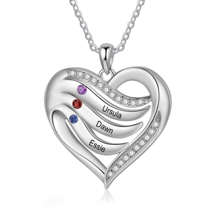 3 Names - Personalized Heart Necklace in Silver with Birthstone and Name Beautiful Gift for Her