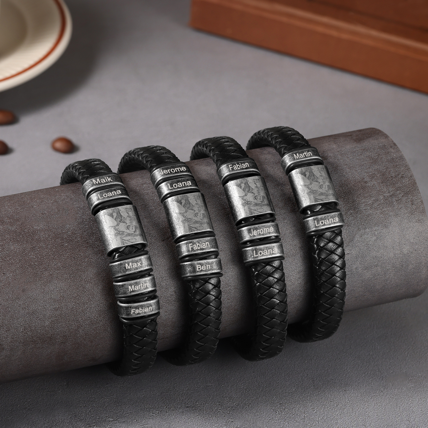2 Names-Vintage Men's Bracelet Engraved Beads Custom Photo Leather Bracelet Gift for Him