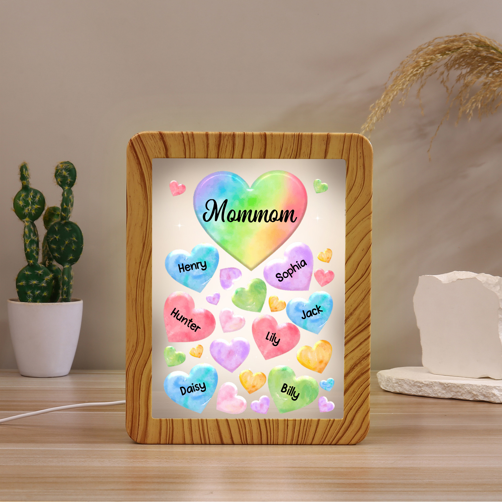 7 Name - Personalized Mum Home Wood Color Plug-in Mirror Photo Frame Custom Text LED Night Light Gift for Mum