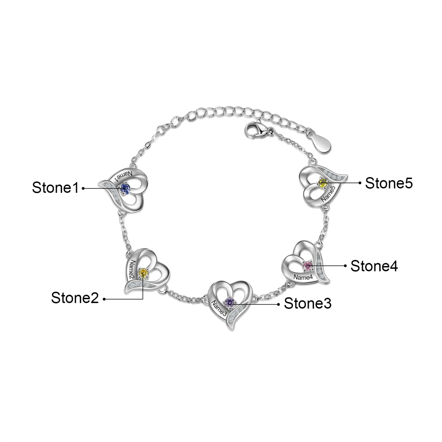 5 Names-Personalized Heart Bracelet With 5 Birthstones Engraved Names Bangle For Her