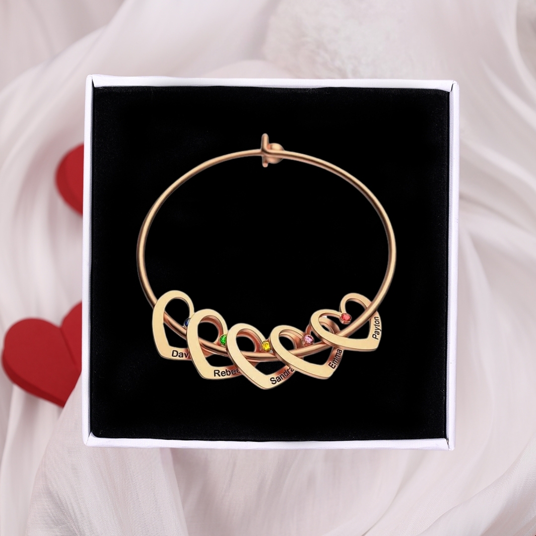 6 Names-Personalized Heart Bangle With 6 Names and Birthstones Bangle Bracelet Gifts For women