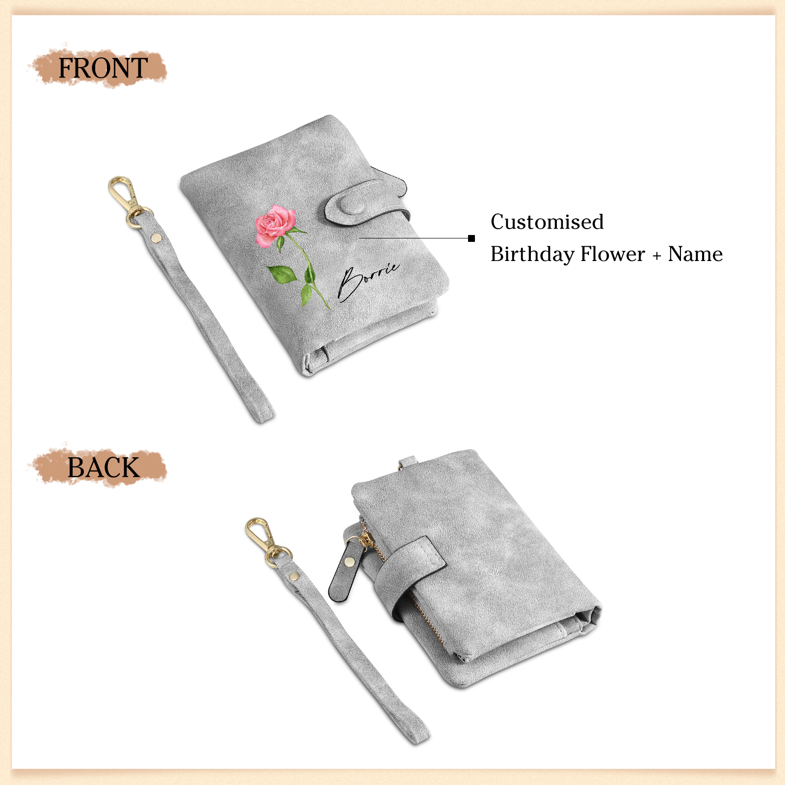 Gray Color Personalized Birthday Flower Leather Wallet Engraving Name Wallet Gifts for Women