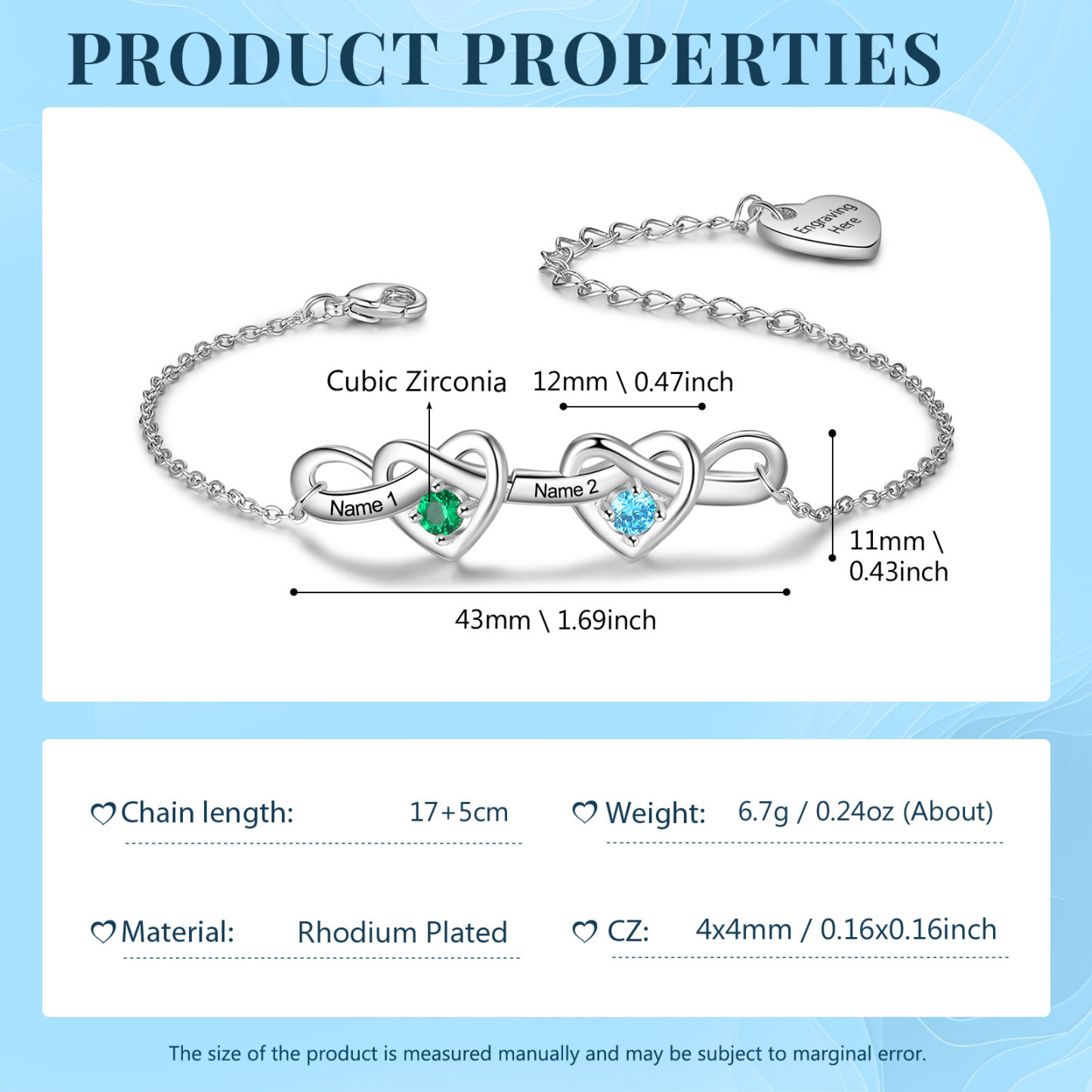 2 Names-Personalized Linked Heart Bracelet With 2 Birthstones Engraved Names And Text Bangle For Her