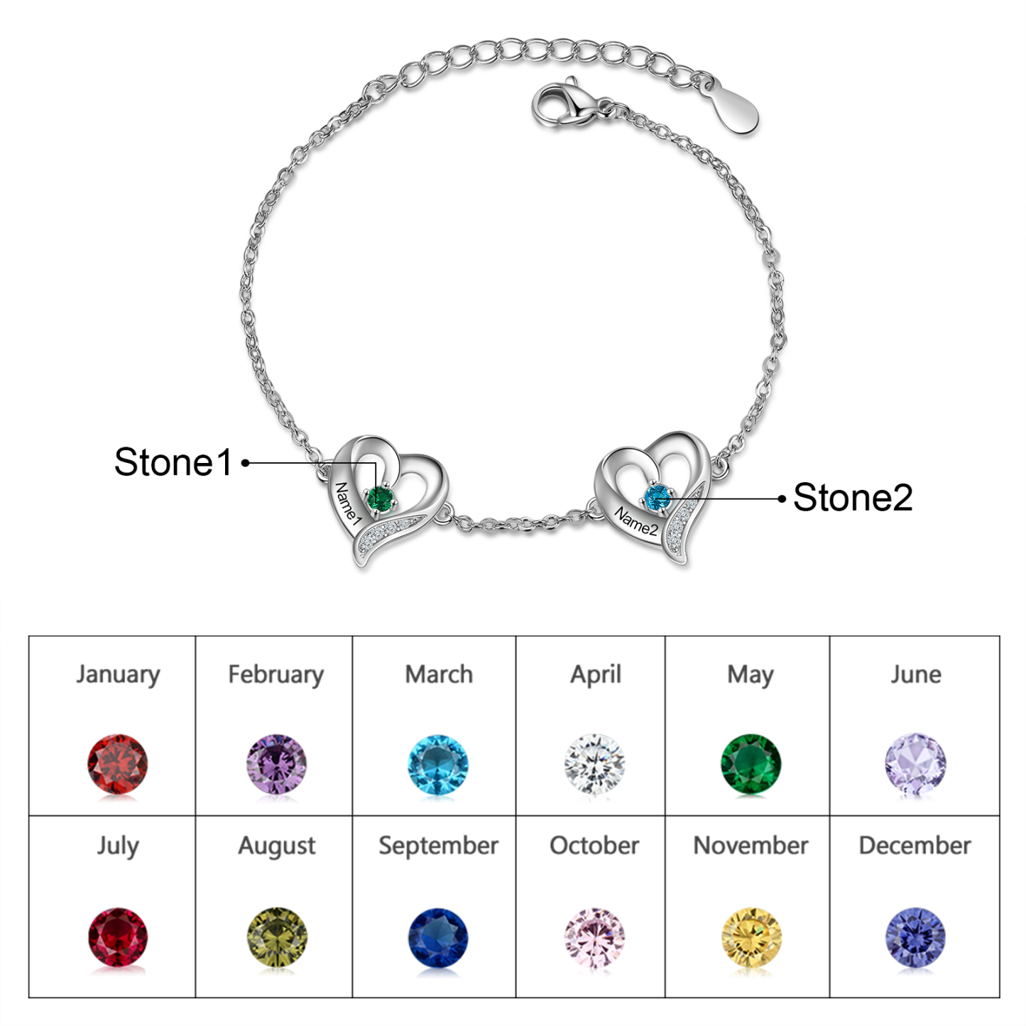 2 Names-Personalized Heart Bracelet With 2 Birthstones Engraved Names Bangle For Her