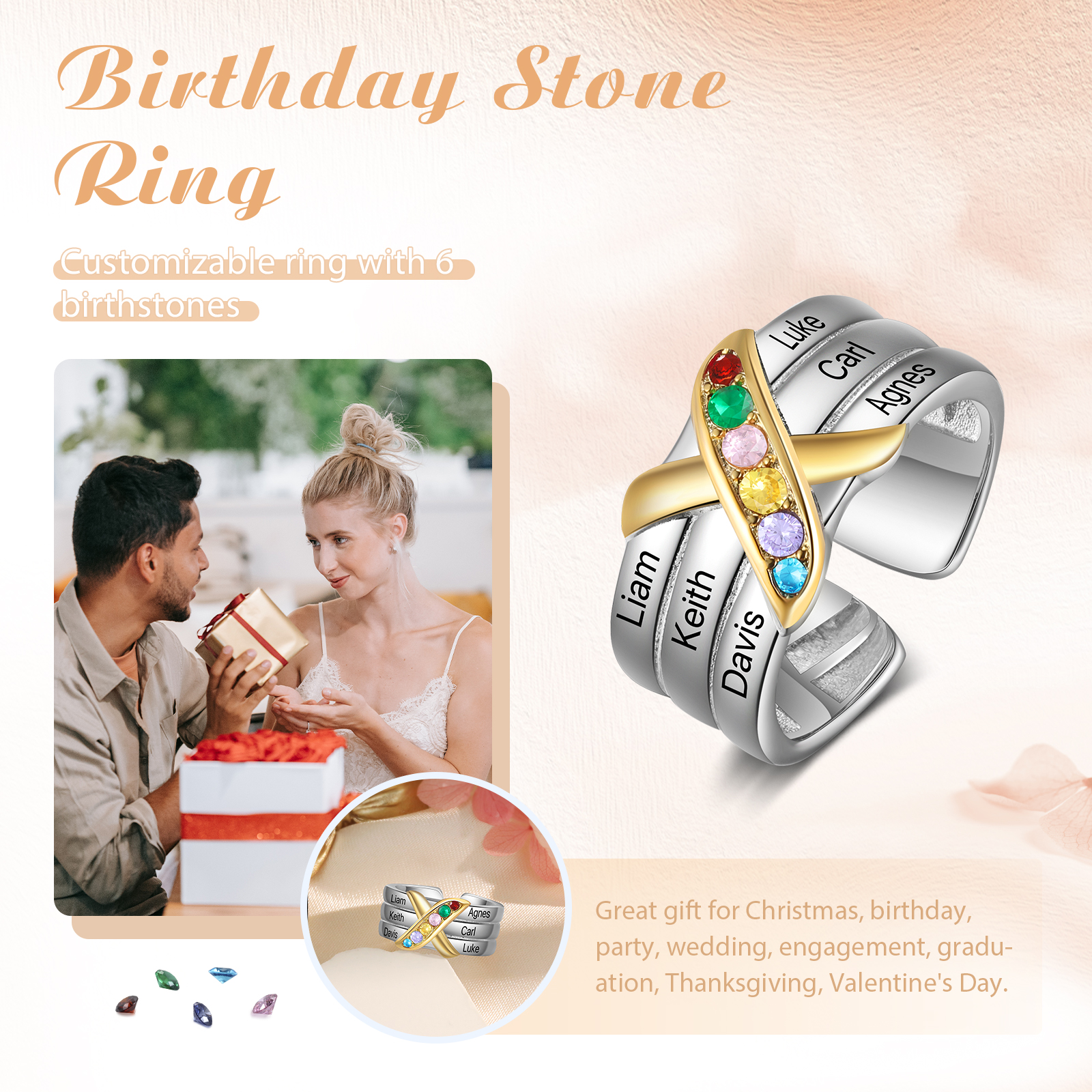 6 Birthstones - Personalized 6 Birthstones & 6 Names Beautiful Ring, a Customized Gift for Her