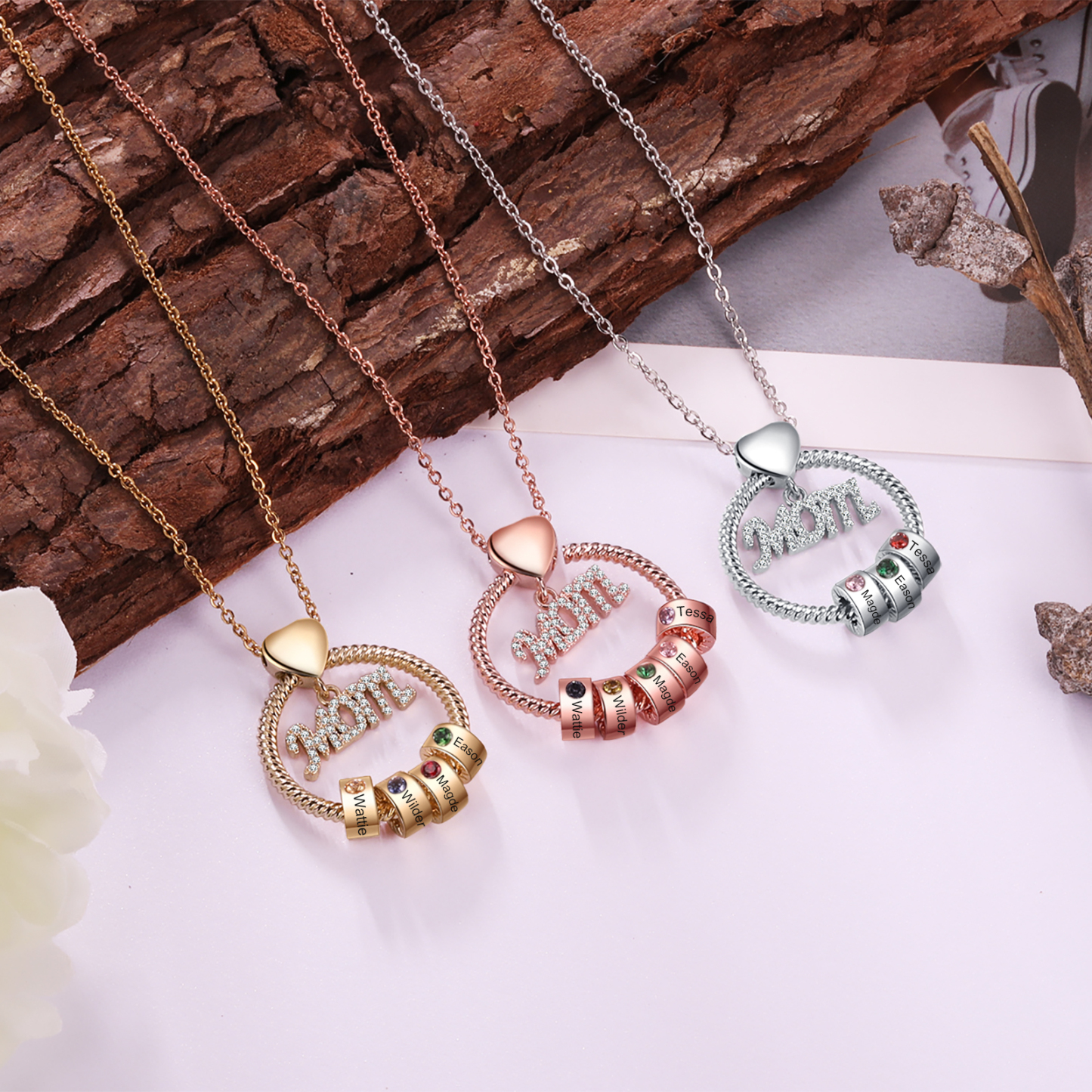 3 Names-Personalized Necklace With 3 Birthstones Engraved Names Gift For Mother