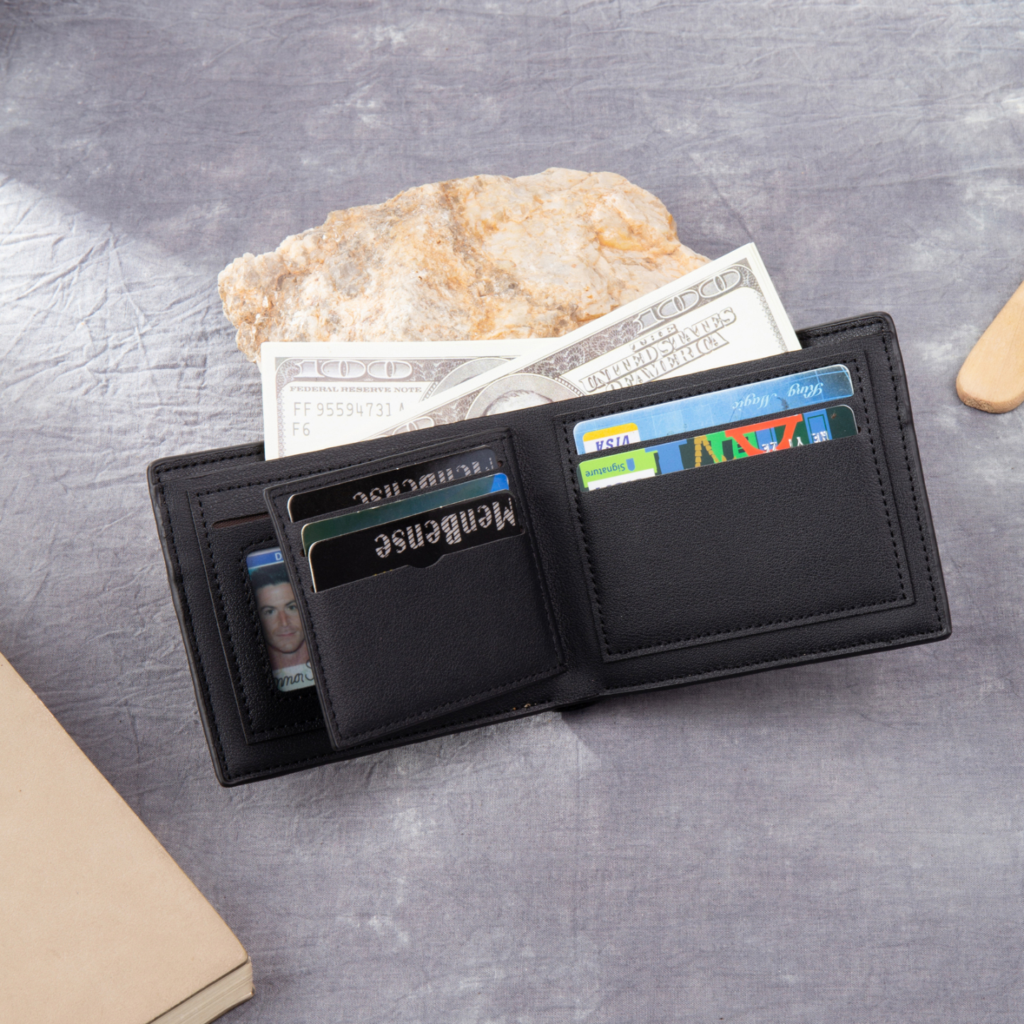 Personalized Leather Folding Wallet With Photo, Name and Letter, Gift For Dad