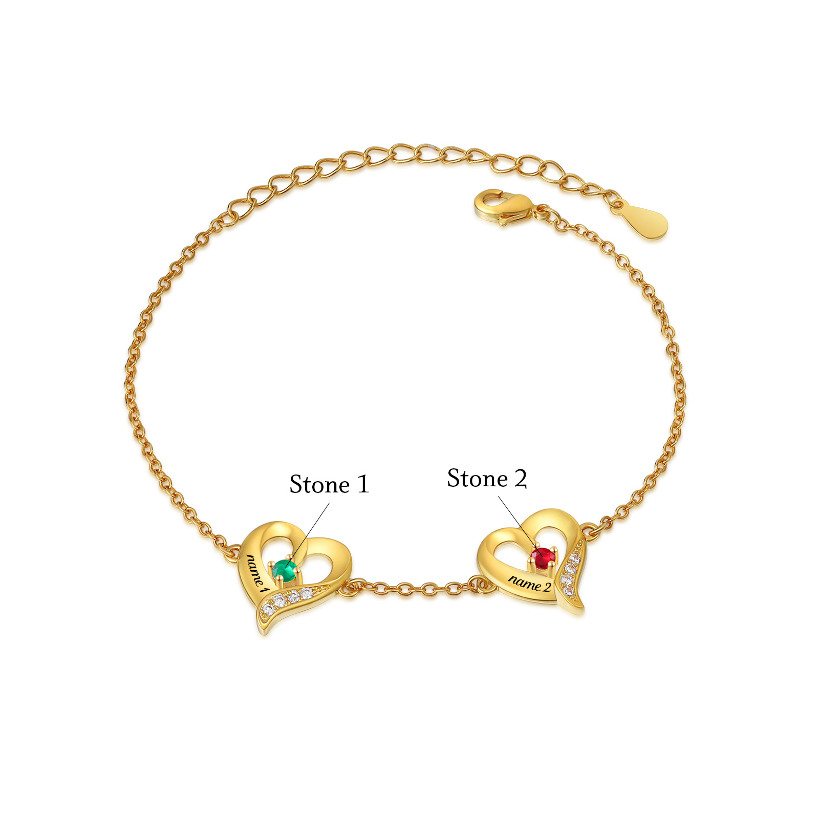 2 Names-Personalized Heart Bracelet With 2 Birthstones Engraved Names Bangle For Her