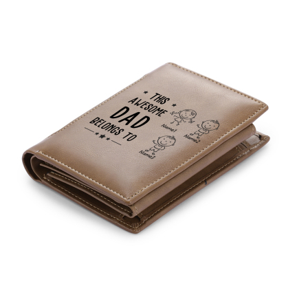 3 Names-Personalized Doll Customized Leather Men's Wallet Customized Name Folding Brown Wallet for Dad