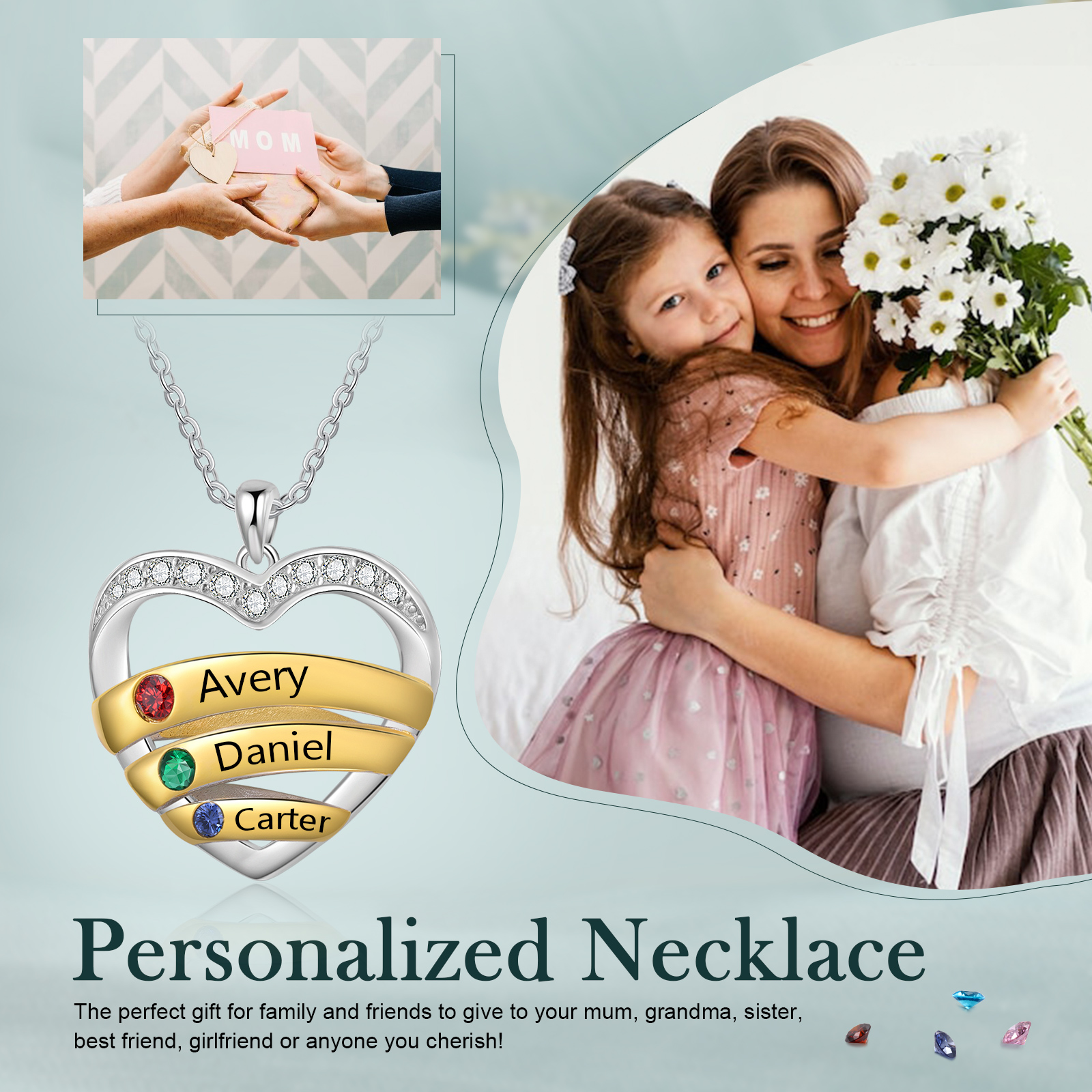 3 Names - Personalized Beautiful Heart Necklace with Custom Name and Birthstone, As a Mother's Day Gift for Mom