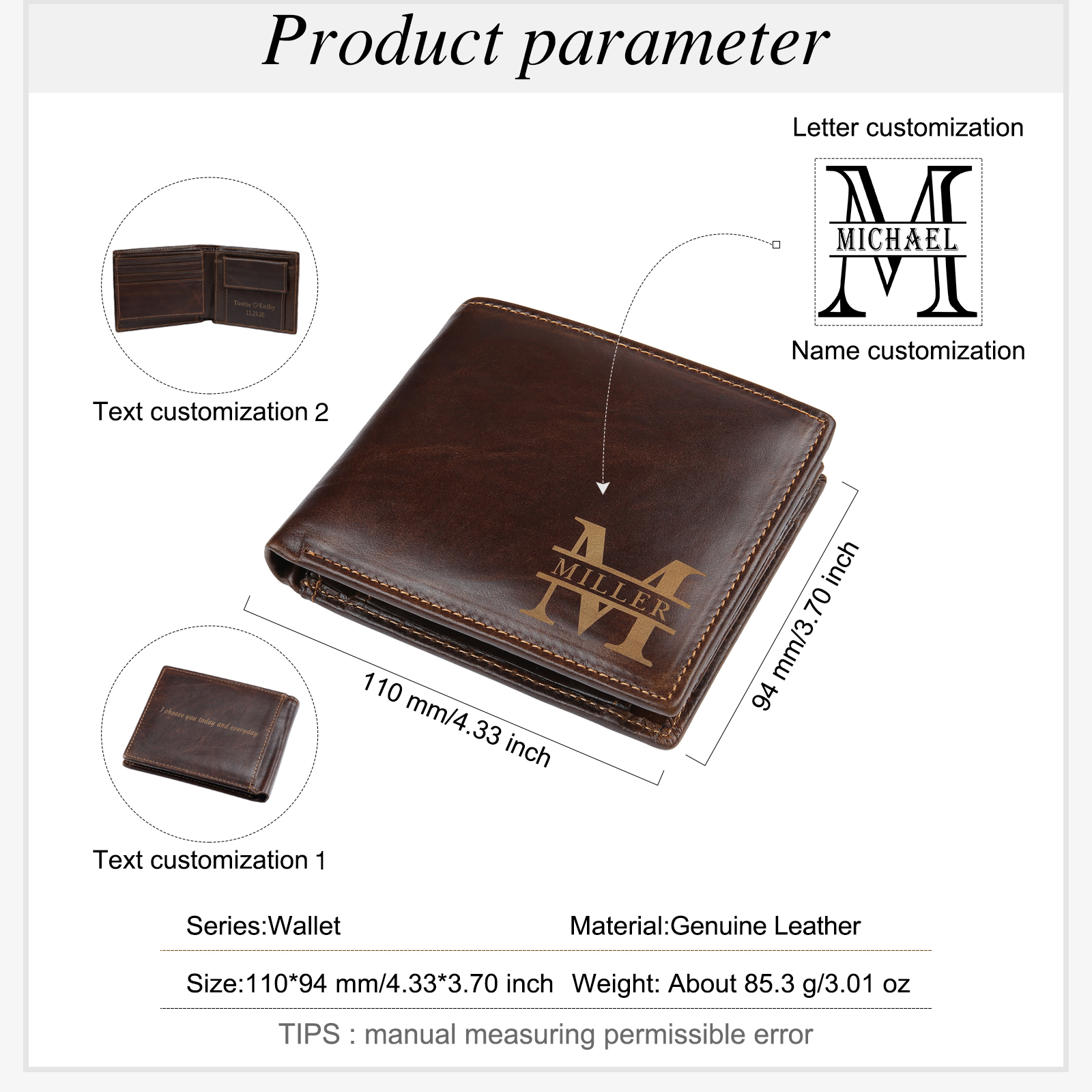 Personalized Leather Wallet Gift Box Set with Keychain Customizable 2 Text, 2 Letter and 2 Name Wallet Gift for Him
