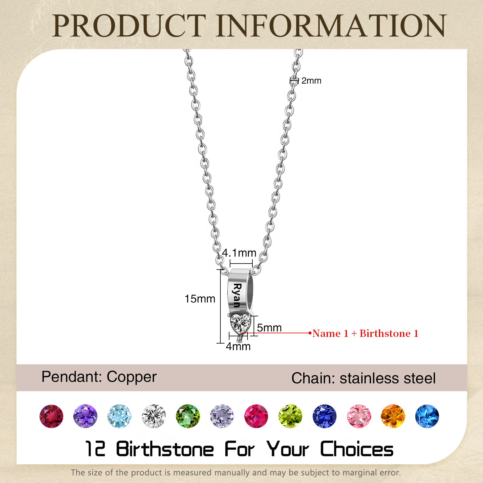 1 Name - Personalized Link Pendant Necklace with Customized Name and Birthstone Gift for Her