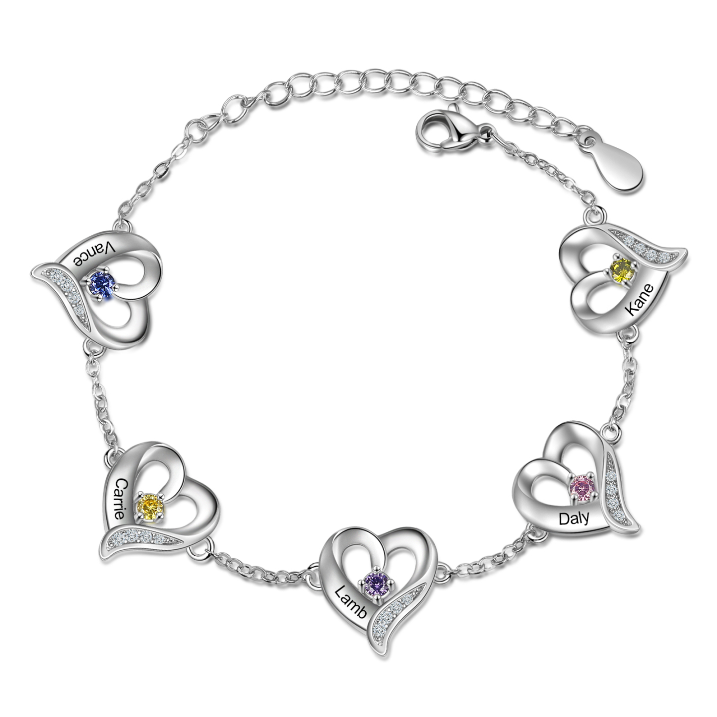 5 Names-Personalized Heart Bracelet With 5 Birthstones Engraved Names Bangle For Her