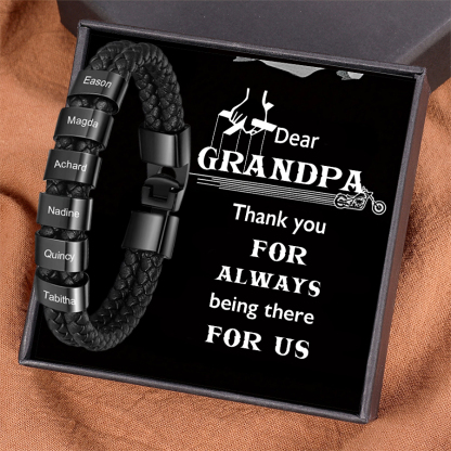 6 Names-Personalized Grandpa Braided Leather Bracelet Card Set, Custom Bracelet Engraved 6 Names Bracelet for Grandpa
