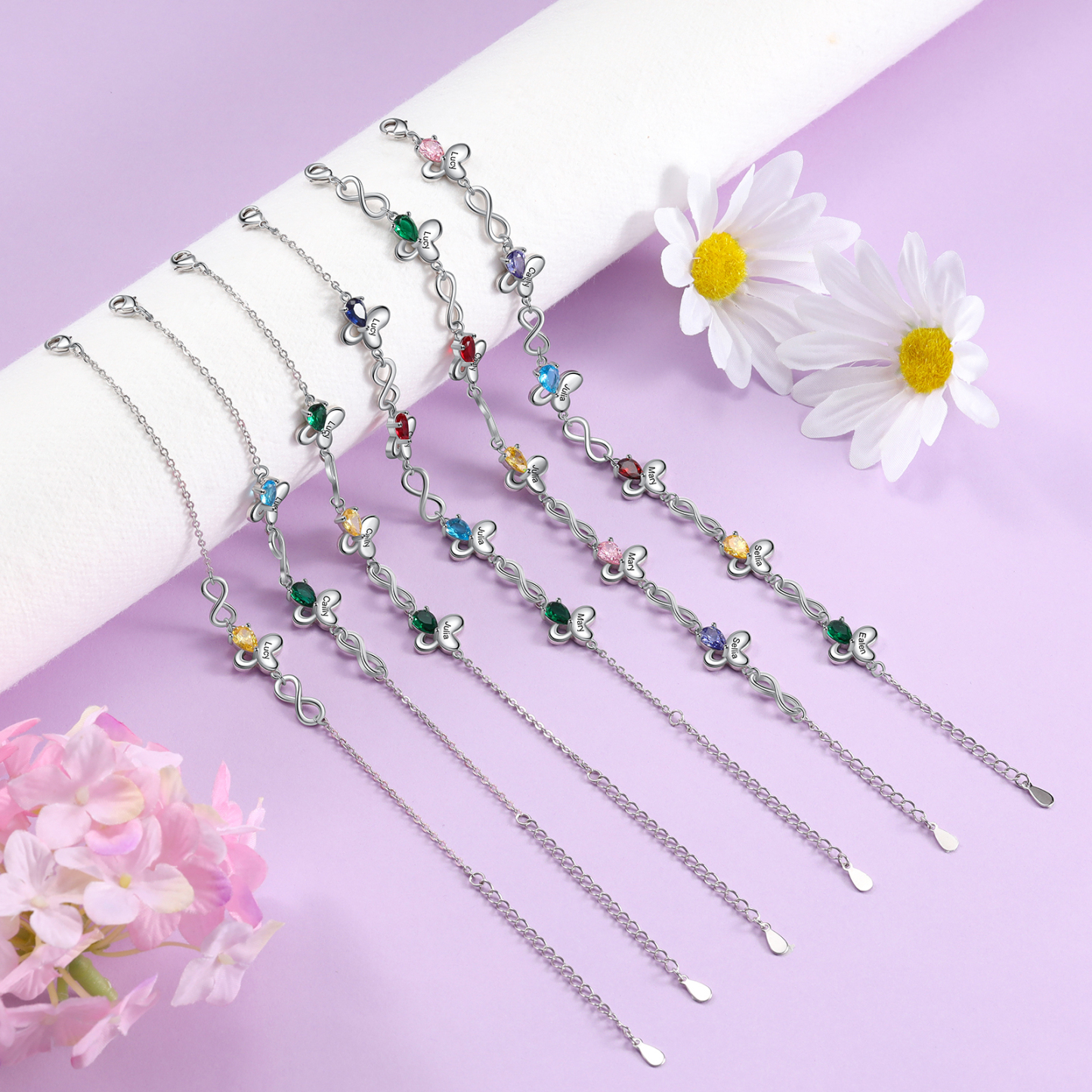 Personalized Butterfly Bracelet With 5 Birthstones Custom Names Bracelet Gift For Women