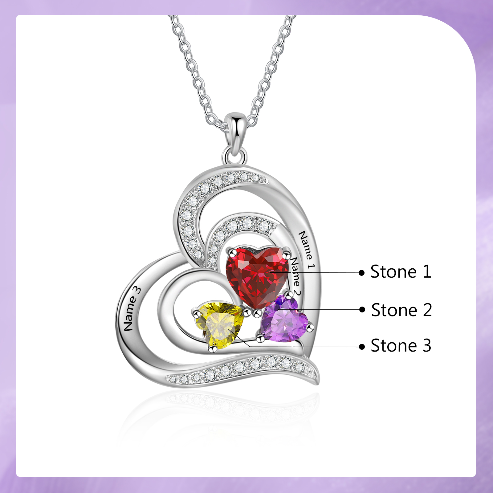 3 Names - Personalized Heart Necklace with Customized Names and Birthstone As Mother's Day Gift for Mom