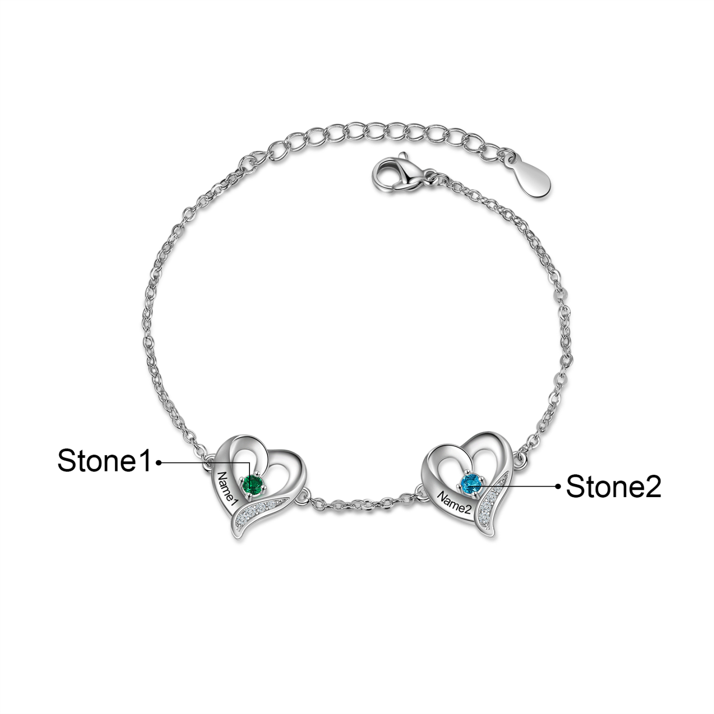 2 Names-Personalized Heart Bracelet With 2 Birthstones Engraved Names Bangle For Her