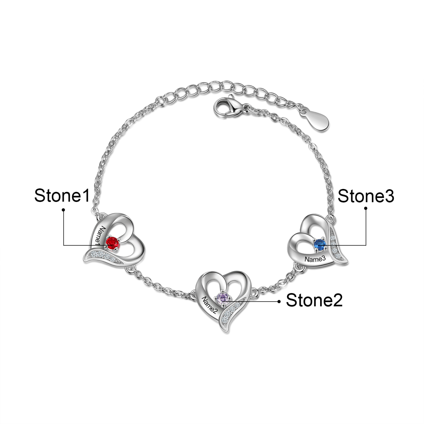 3 Names-Personalized Heart Bracelet With 3 Birthstones Engraved Names Bangle For Her