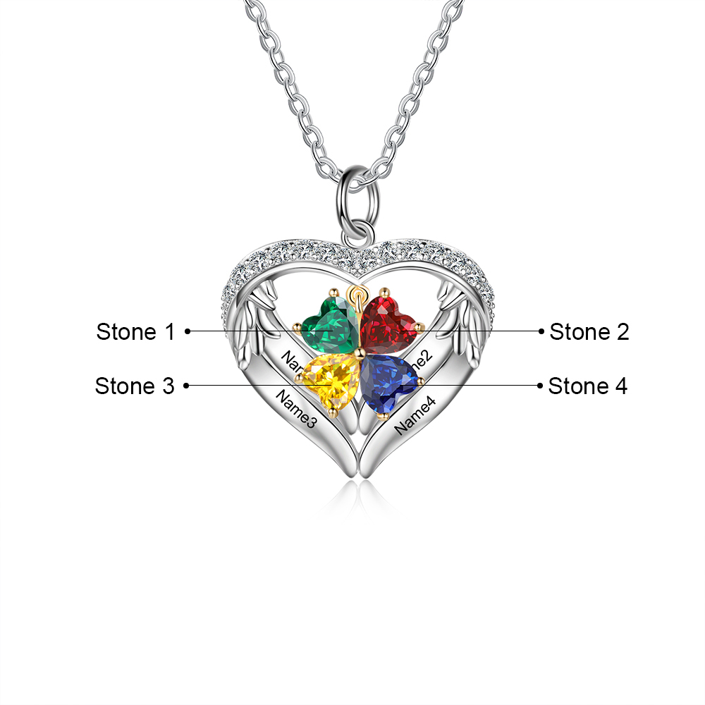 Personalized Wings S925 Silver Necklace With 4 Heart Birthstones Engraved Names Gift For Women