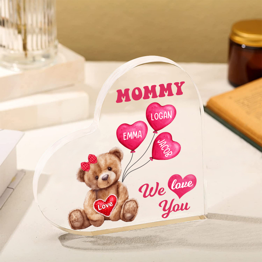 3 Names-Personalized Bear Acrylic Heart Keepsake Custom Text Acrylic Plaque Ornaments Gifts for Mom