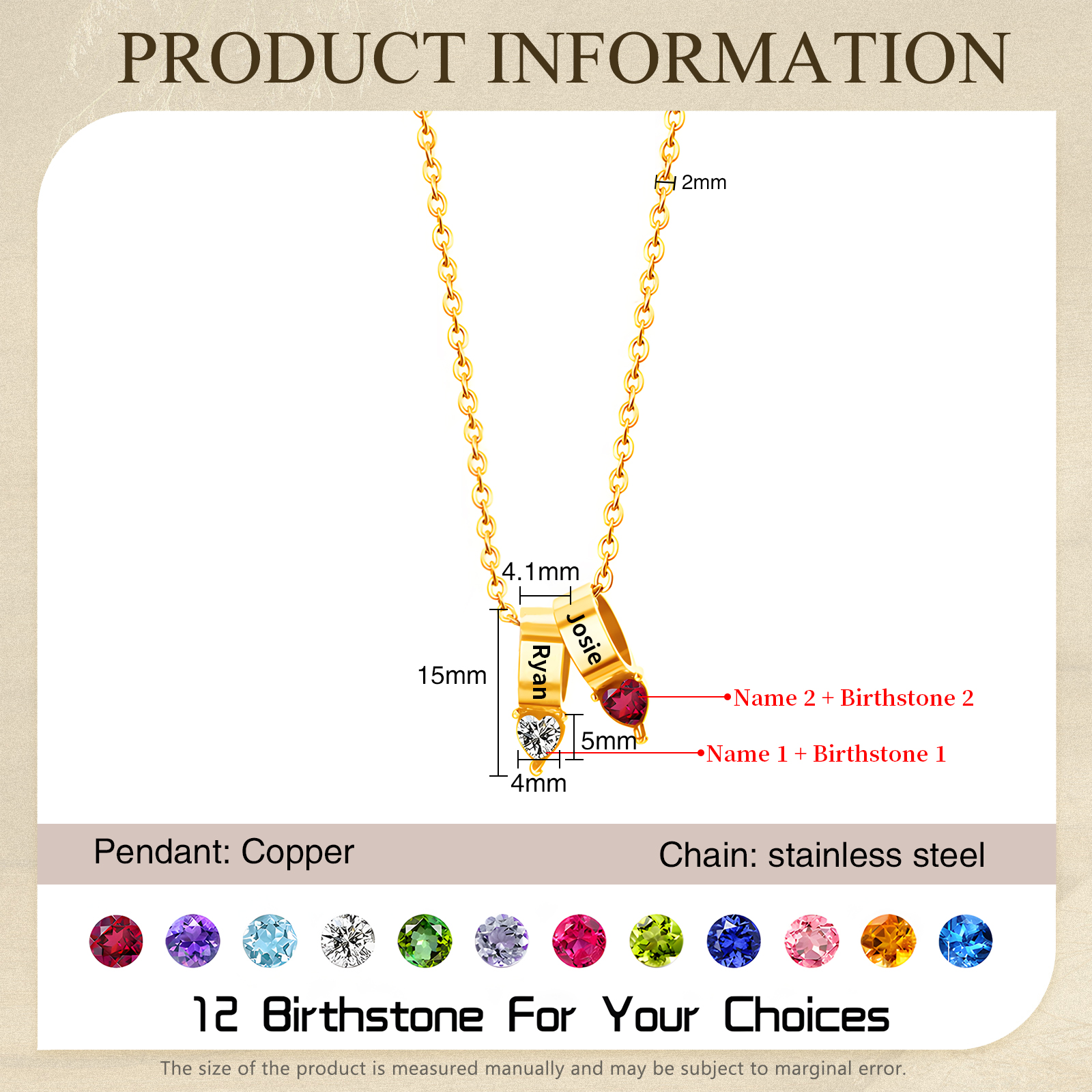 2 Names - Personalized Link Pendant Necklace with Customized Name and Birthstone Gift for Her
