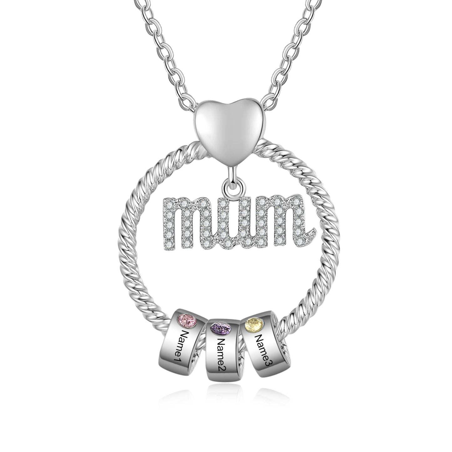 Personalized Circle Necklace With 3 Birthstones Pendant Engraved Names Gift For Mum