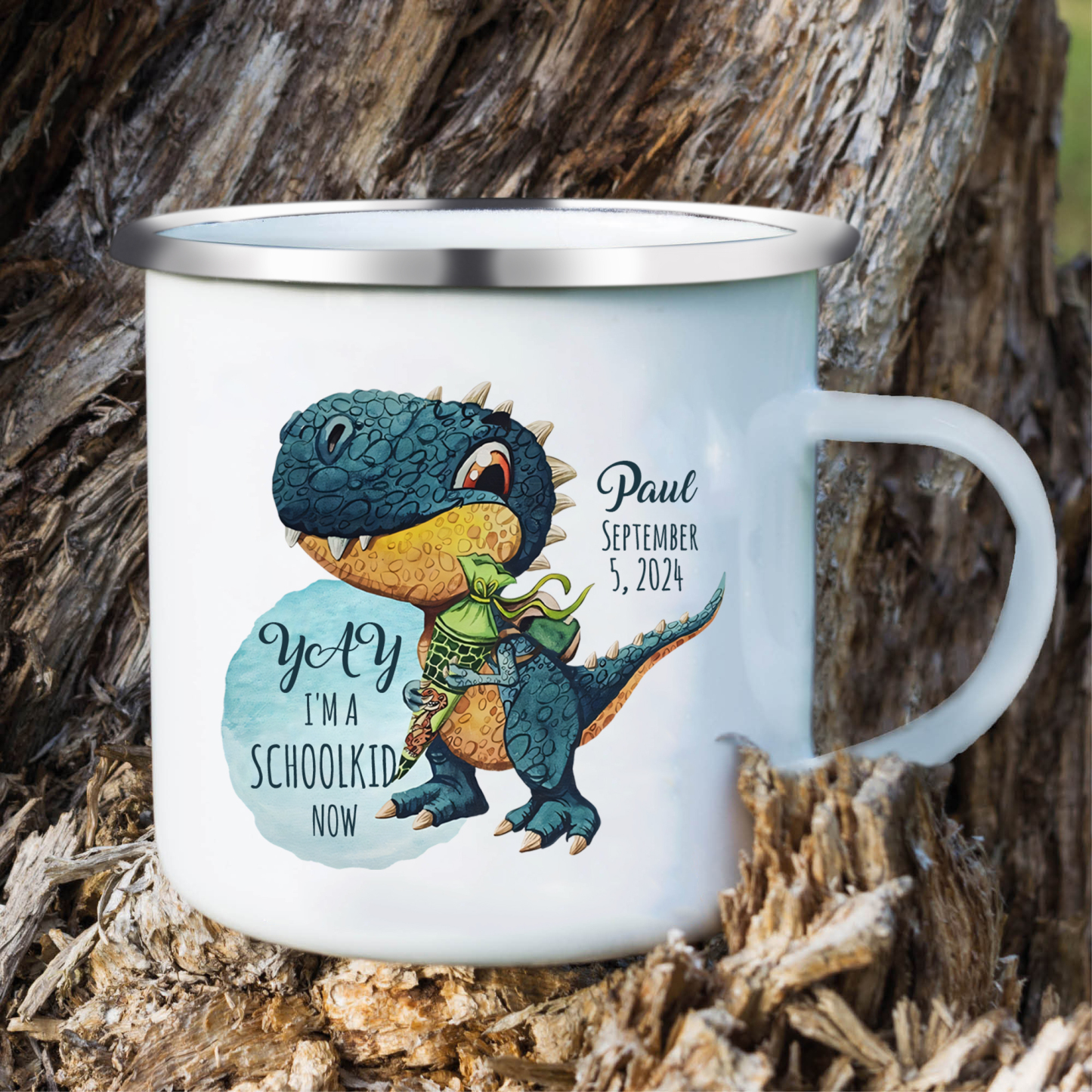 Back to School Gift Set -Personalized Gift Customized Name and Date Enamel Mug and Pueple Dinosaur Pencil Case and Dinosaur Bracelet Set - Gift for Kids